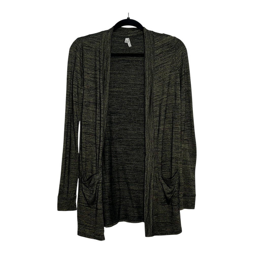 Mudd Womens XS Open Front Cardigan Olive Green Black Space‎ Dye Knit Pockets